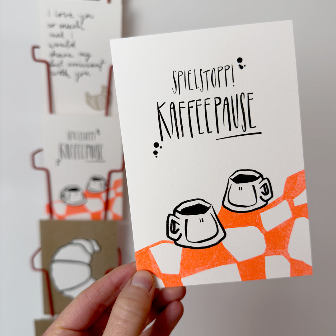 Postkarte "Spielstopp! Kaffeepause" | Karte für Kaffeefreunde