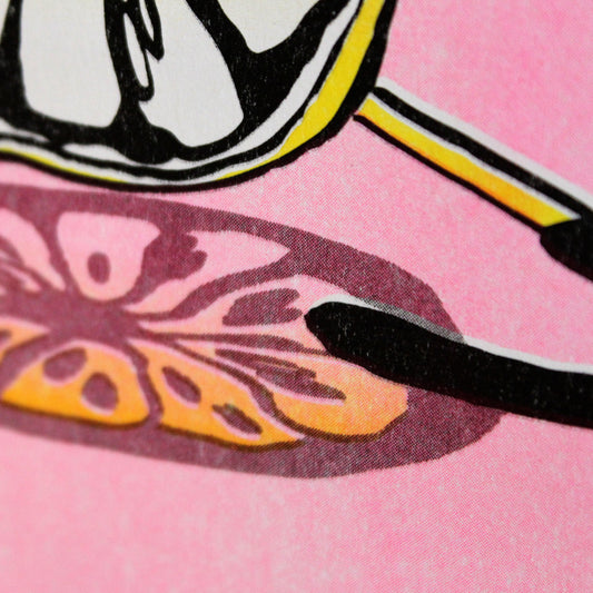 Zu sehen ist eine Detailaufnahme der Kunst Poster Risographie "Zitronenbrille".