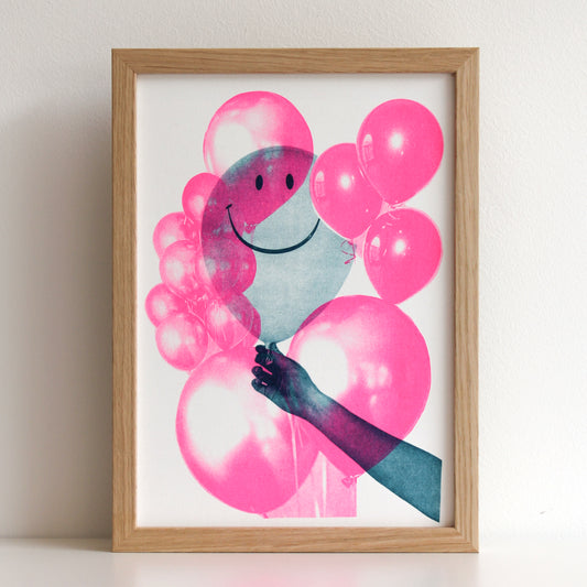 Risographie in Neon Pink und Teal, Luftballon und Smilie